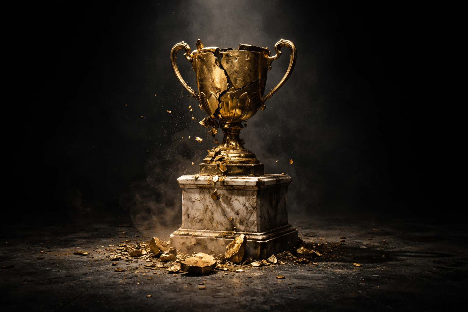 A crumbling golden trophy on a marble pedestal, generated by Sora