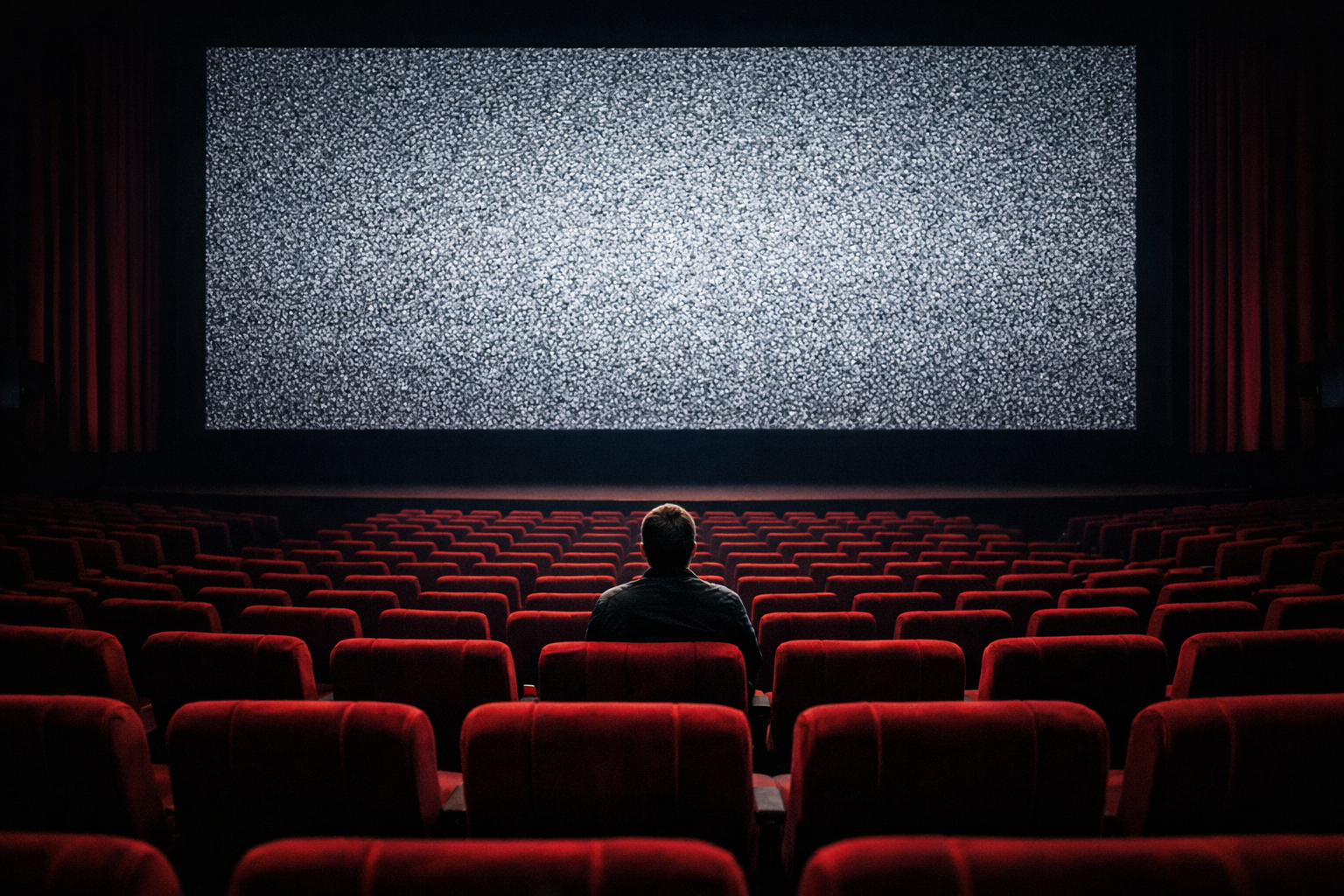 An empty cinema with one viewer watching static, generated by Sora