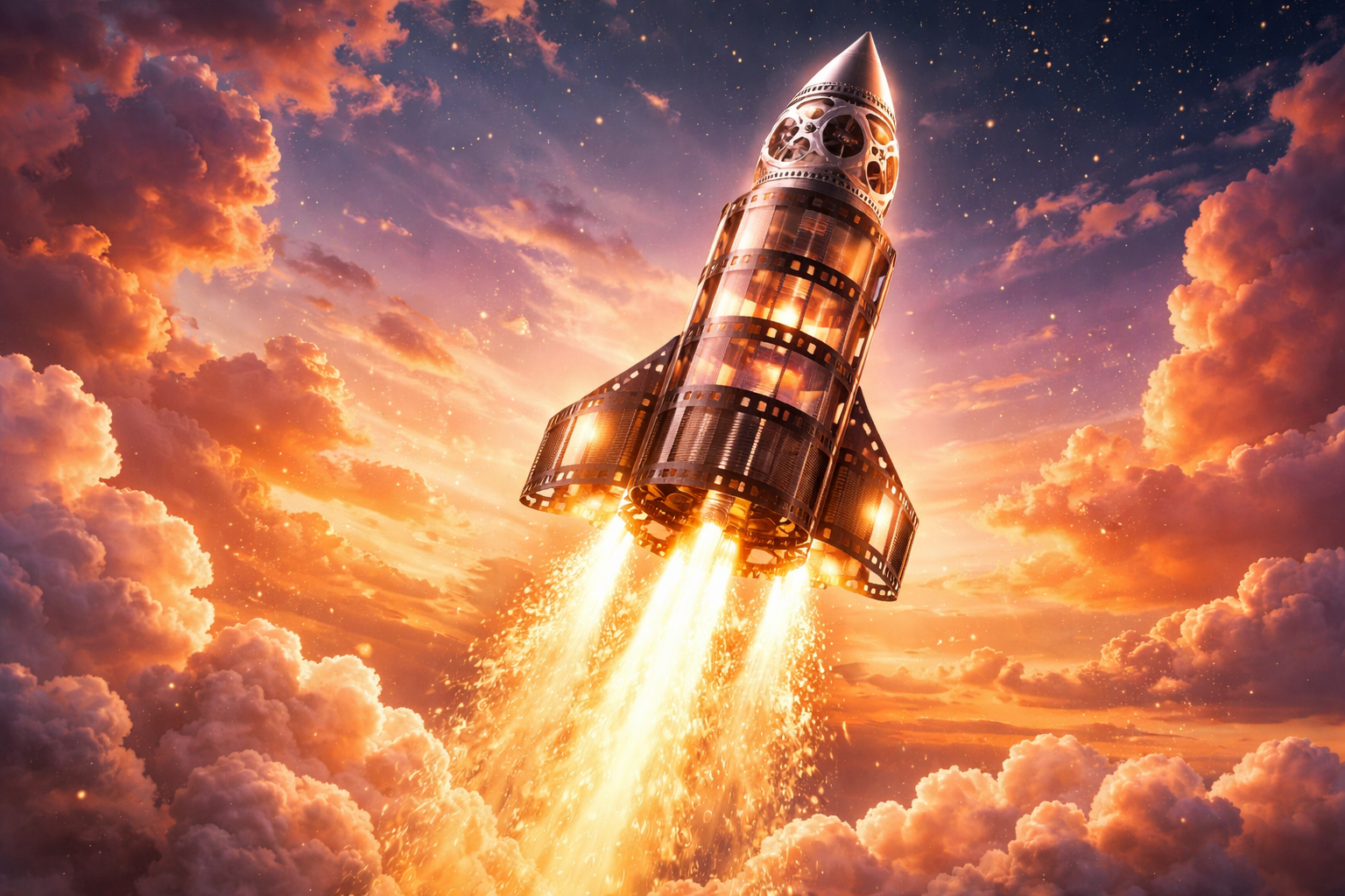 A rocket made of film reels launching into a golden sky, generated by Sora